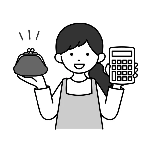Uma Ilustração Monocromática Uma Dona Casa Com Sorriso Uma Calculadora — Vetor de Stock
