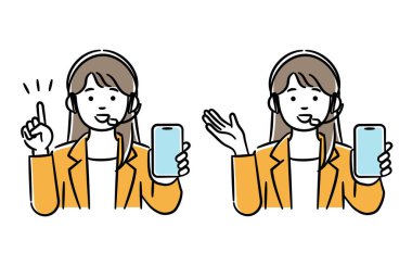 Çağrı merkezindeki bir kadının basit bir illüstrasyon setidir. Bunu akıllı telefonla açıklar. Vector verilerini düzenlemek kolaydır..