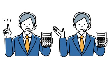 Çağrı merkezindeki bir adamın basit bir illüstrasyon setidir. Hesap makinesiyle açıklar. Düzenlemesi kolay bir vektör verisidir..