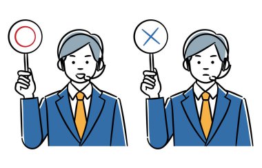 Doğru ve yanlış etiketli bir çağrı merkezi adamının basit bir çizimi. Düzenlemesi kolay olan vektör verisi.