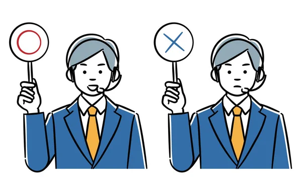 Doğru ve yanlış etiketli bir çağrı merkezi adamının basit bir çizimi. Düzenlemesi kolay olan vektör verisi.