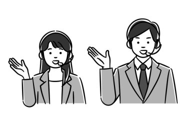 Çağrı merkezindeki kadın ve erkeklerin monokrom illüstrasyon setidir. Vector verilerini düzenlemek kolaydır..