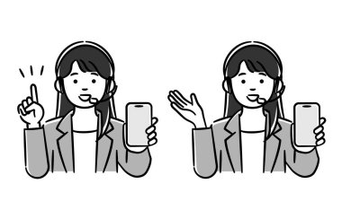 Çağrı merkezindeki bir kadının monokrom illüstrasyon setidir. Bunu akıllı telefonla açıklar. Vector verilerini düzenlemek kolaydır..