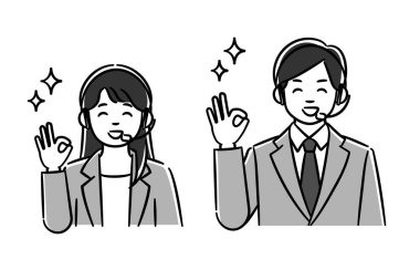 Çağrı merkezi kadın ve erkeklerinin monokrom illüstrasyon setidir. Onaylaması kolay vektör verileri.