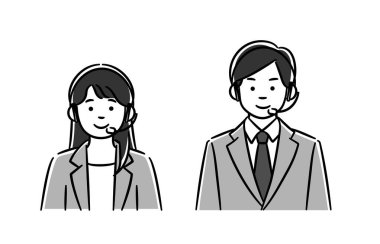 Çağrı merkezindeki kadın ve erkeklerin monokrom illüstrasyon setidir. Vector verilerini düzenlemek kolaydır..