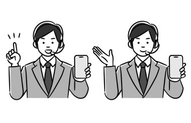 Çağrı merkezindeki bir adamın monokrom illüstrasyon setidir. Bunu akıllı telefonla açıklar. Vector verilerini düzenlemek kolaydır..