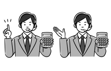 Çağrı merkezindeki bir adamın monokrom illüstrasyon seti. Hesap makinesiyle açıklıyor. Düzenlemesi kolay olan vektör verisi..