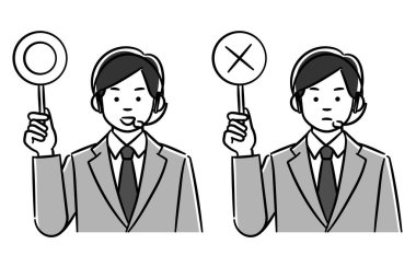 Doğru ve yanlış etiketlere sahip bir çağrı merkezi adamının monokrom illüstrasyon seti. Düzenlemesi kolay vektör verisi.