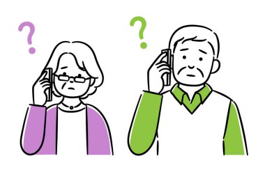 Akıllı telefonlarıyla konuşan yaşlı erkek ve kadınların basit bir çizimi. Düzenlemesi kolay vektör verisi..