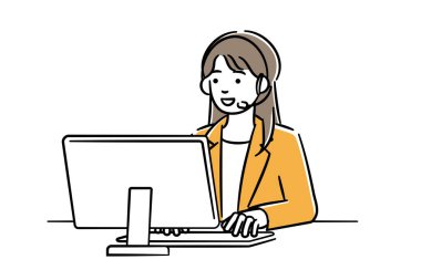 Sizi bilgisayara yönlendiren bir kadın operatörün basit bir çizimi. Düzenlemesi kolay olan vektör verisi..