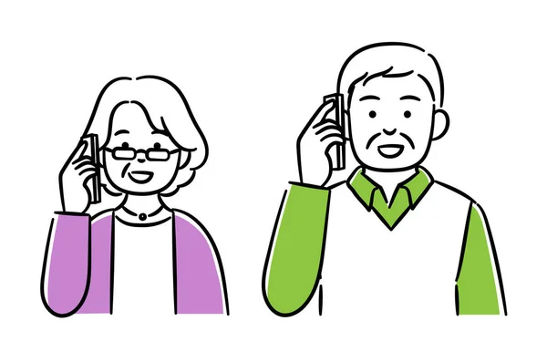 Akıllı Telefonlarıyla Konuşan Yaşlı Erkek Kadınların Basit Bir Çizimi Düzenlemesi — Stok Vektör