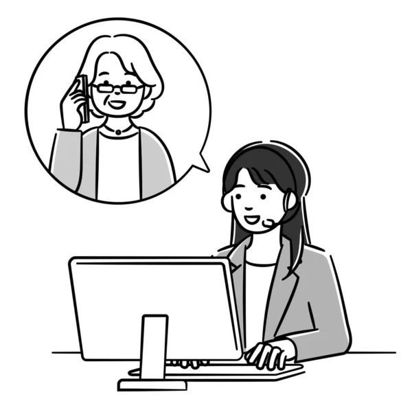 Una Ilustración Monocromática Una Mujer Operadora Hablando Por Teléfono Con — Vector de stock