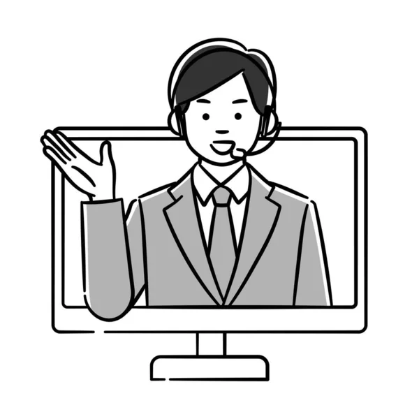 Uma Ilustração Monocromática Operador Masculino Que Guia Computador Pessoal Dados — Vetor de Stock