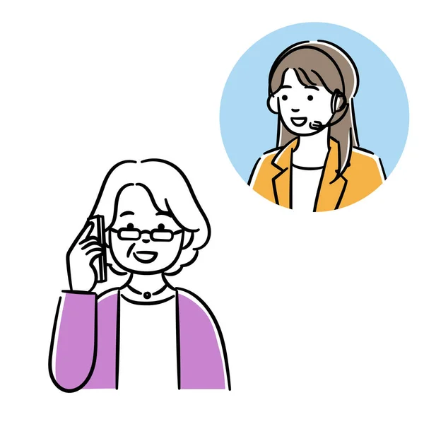 Enkel Illustration Äldre Kvinna Som Pratar Telefon Med Operatör Kvinna — Stock vektor