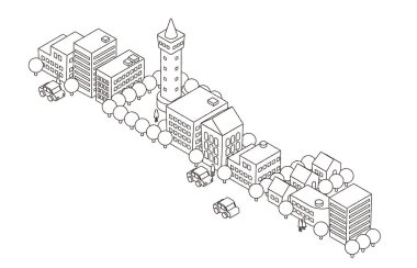 Isometric şehir manzarası çizimi (çizgi çizimi)
