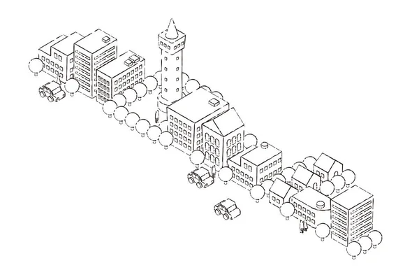 Ilustração Isométrica Paisagem Urbana Desenho Linha — Vetor de Stock