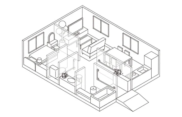 Ilustração Isométrica Casa Livre Barreira Desenho Linha — Vetor de Stock