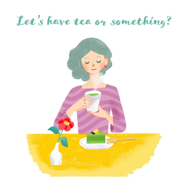 Ręcznie Rysowane Ilustracja Stylu Kobiety Korzystających Matcha Ciasto Zielona Herbata — Wektor stockowy