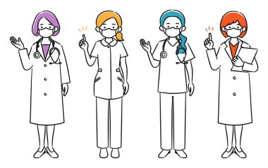 Simple illustration set of young female medical workers wearing masks
