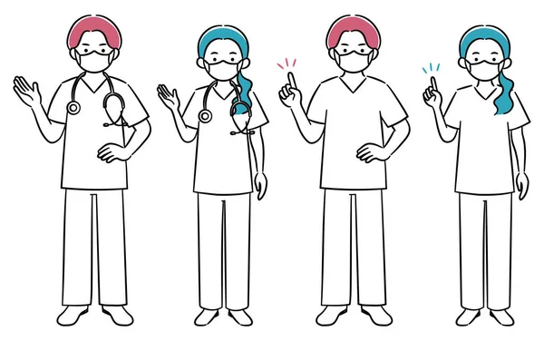 ดภาพประกอบง ของคนงานทางการแพทย ชายและหญ งสาวสวมหน ากาก — ภาพเวกเตอร์สต็อก