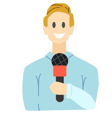 Gazeteci adam mikrofon sende kalsın. çizgi film biçimi, beyaz arkaplanda izole edilmiş vektör