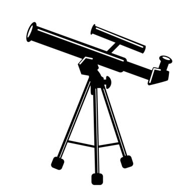 Teleskop vektörü beyaz zemin üzerinde izole edilmiş, siyah ve beyaz düz stil. Astronomi aleti, bilim teknolojisi.