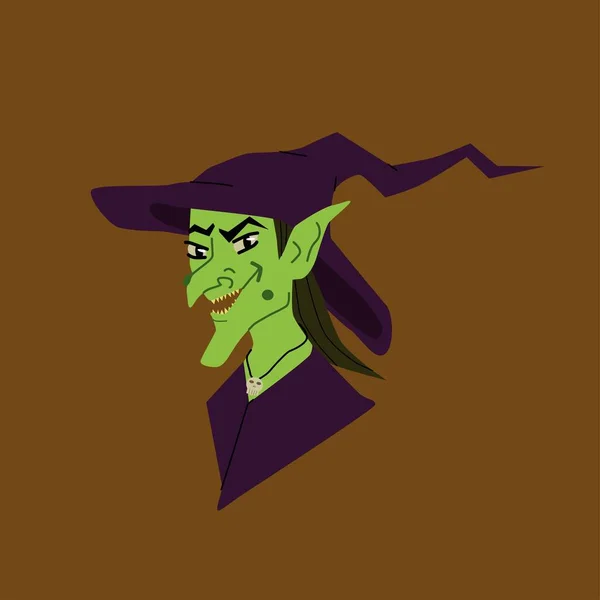 卡通片邪恶的巫婆头 绿色的皮肤 邪恶的微笑 紫色的帽子褐色背景 万圣节贴纸的巫婆 神奇的女人 平坦的风格 — 图库矢量图片