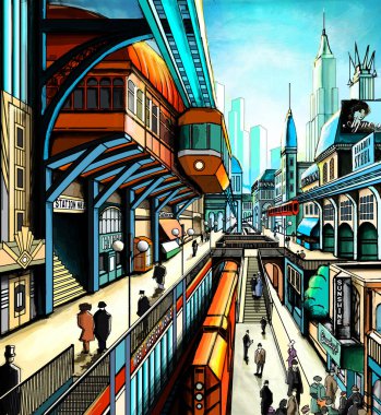 Eski-gelecekçilik tarzında bir şehir caddesinin tasviri, demiryolu, tren, sanat deco, kasaba halkı...