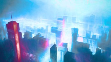 Siber punk tarzında, kuş bakışı geniş, modern bir gece şehrinin manzarası.