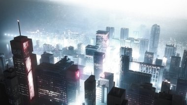 Büyük, modern bir gece şehrinin kuş bakışı görüntüsü, kara filmlerdeki gibi.