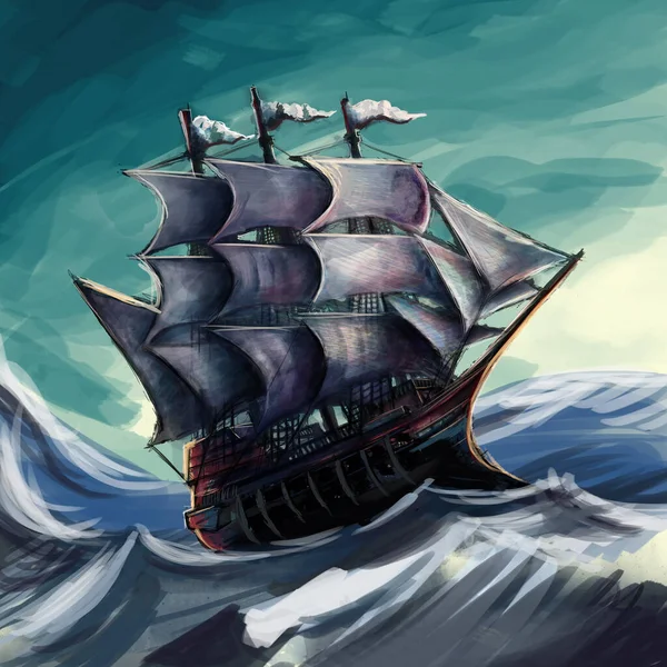 Tengerben Úszó Hajó Illusztrációja — Stock Fotó