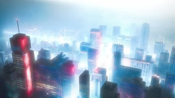 Panorama Dużego Nowoczesnego Miasta Nocnego Lotu Ptaka Stylu Cyberpunku — Zdjęcie stockowe