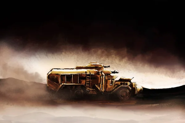 说明一辆卡车在沙漠中设置后启示录时的情况 — 图库照片