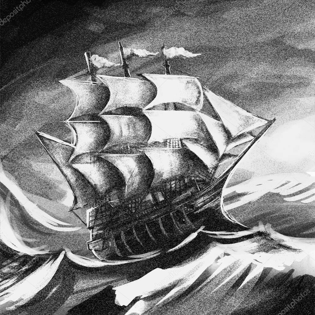 Illustration of a ship floating in the sea