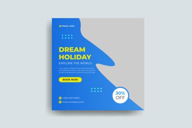 Seyahat satışı sosyal medya paylaşım şablonu. Seyahat acentesinin afişi, broşürü ya da afişi. Tatil ve turne reklam pankartı tasarımı.