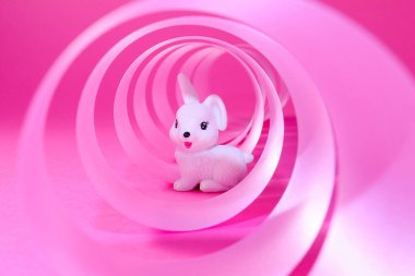 Beyaz tavşan pembe arka planda pembe spiral hediye kurdelesi