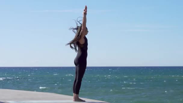 美丽的年轻女子，在海滩上练瑜伽 — 图库视频影像