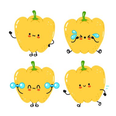 Komik, mutlu biber karakterleri seti. Vector kawaii çizgi film stili çizimi. Sevimli biber maskotu karakter koleksiyonu