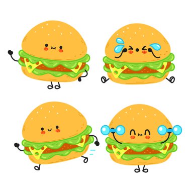 Komik, mutlu hamburger karakterleri seti. Vector kawaii çizgi film stili çizimi. Tatlı hamburger maskotu koleksiyonu.