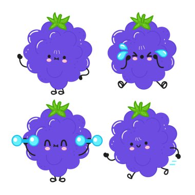 Komik sevimli mutlu böğürtlen karakterleri seti. Vector kawaii çizgi film stili çizimi. Sevimli böğürtlen maskotu koleksiyonu