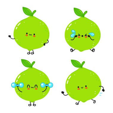 Komik şirin, mutlu limon karakterleri seti. Vector kawaii çizgi film stili çizimi. Şirin limon maskotu koleksiyonu.