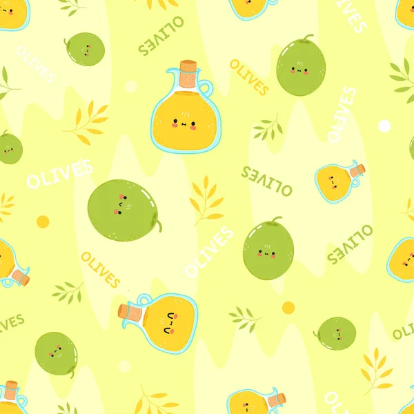 Cute funny olive and olive oil concept seamless pattern — 图库矢量图片