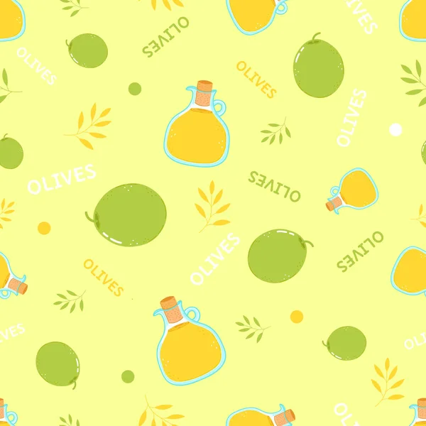 Cute funny olive and olive oil concept seamless pattern — 图库矢量图片