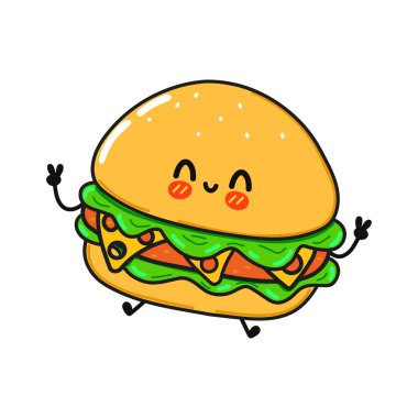 Sevimli komik hamburger karakteri. Vektör el çizilmiş çizgi film kawaii karakter resimleme simgesi