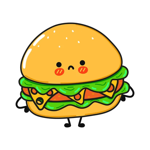 Lindo personaje triste hamburguesa. Vector dibujado a mano caricatura kawaii carácter icono de la ilustración — Archivo Imágenes Vectoriales