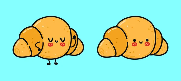 Engraçado Bonito Feliz Croissant Conjuntos Caracteres Vector Kawaii Linha Desenho —  Vetores de Stock