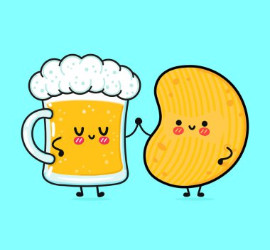 Bira ve Chips Vector ikonu Çizgi Film çizimi. Bir bardak bira ve patates kızartması maskot karakteri konsepti.