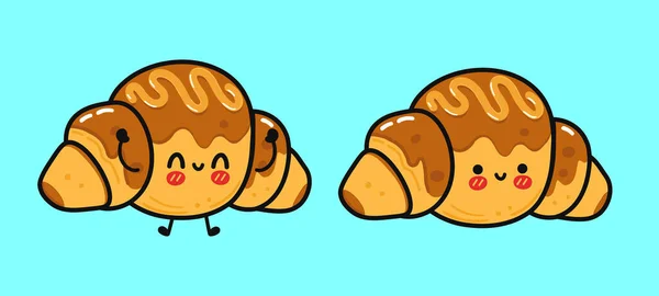 Vicces Aranyos Boldog Croissant Karakterek Csomag Készlet Vector Kawaii Vonal — Stock Vector