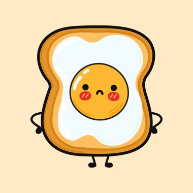 Kızarmış yumurtalı tatlı bir tost. Vektör el çizimi çizgi film kawaii illüstrasyon simgesi. Kahverengi arka planda izole edilmiş. Kızarmış yumurtalı tost karakter konsepti.
