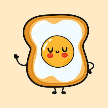 Kızarmış yumurtalı tatlı bir tost. Vektör el çizimi çizgi film kawaii illüstrasyon simgesi. Kahverengi arka planda izole edilmiş. Kızarmış yumurtalı tost karakter konsepti.